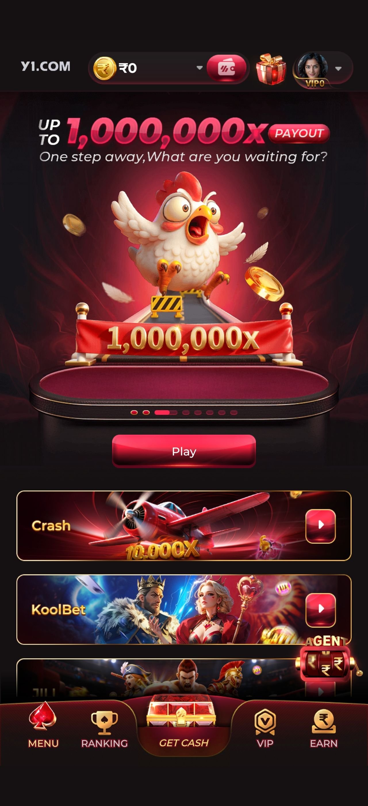 The Y1 Game app lobby on an Android phone, showing game categories and featured titles