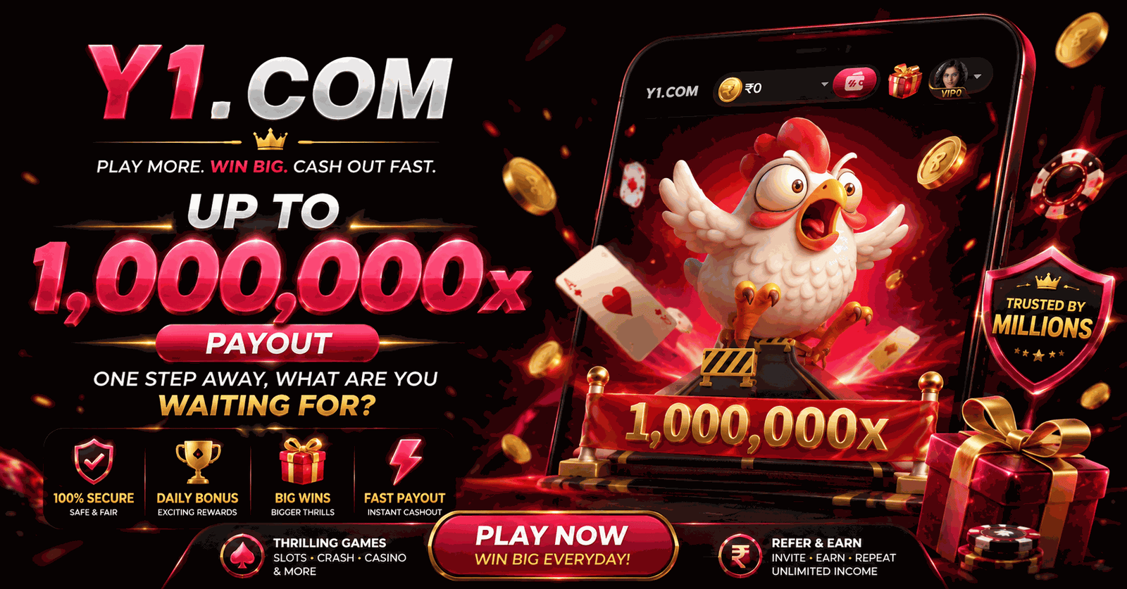 Y1 Game promotional banner showing the app's game categories and welcome offer